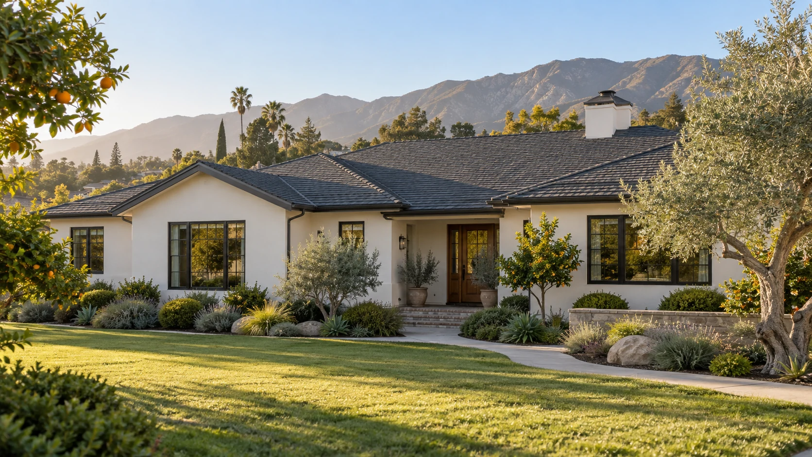 California home with a completed charcoal roof and mountain backdrop