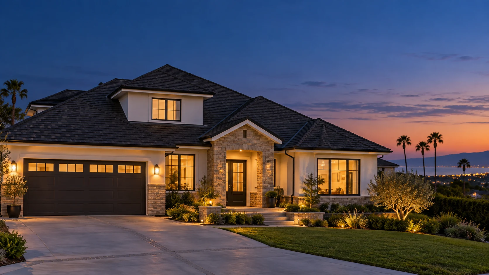 Completed California home with a charcoal roof at blue hour